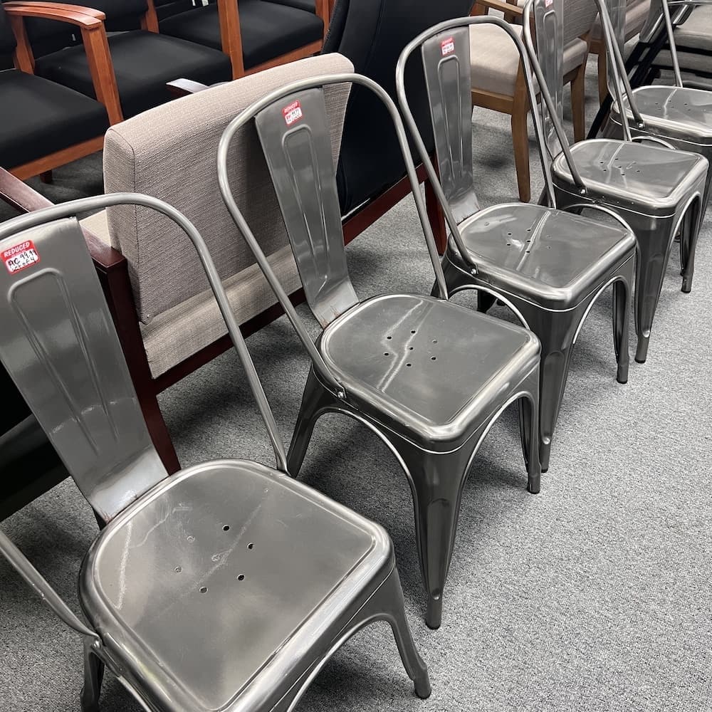 tolix chair, grey metal dining chairs, stacking, stackable cafe restaurant, used furniture