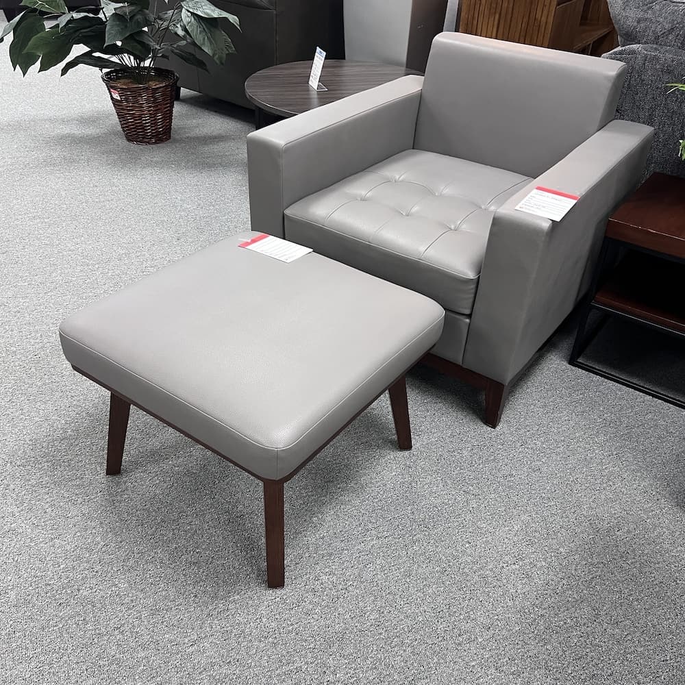 grey vinyl chair set with ottoman and walnut veneer legs and base, used office furniture, used home furniture