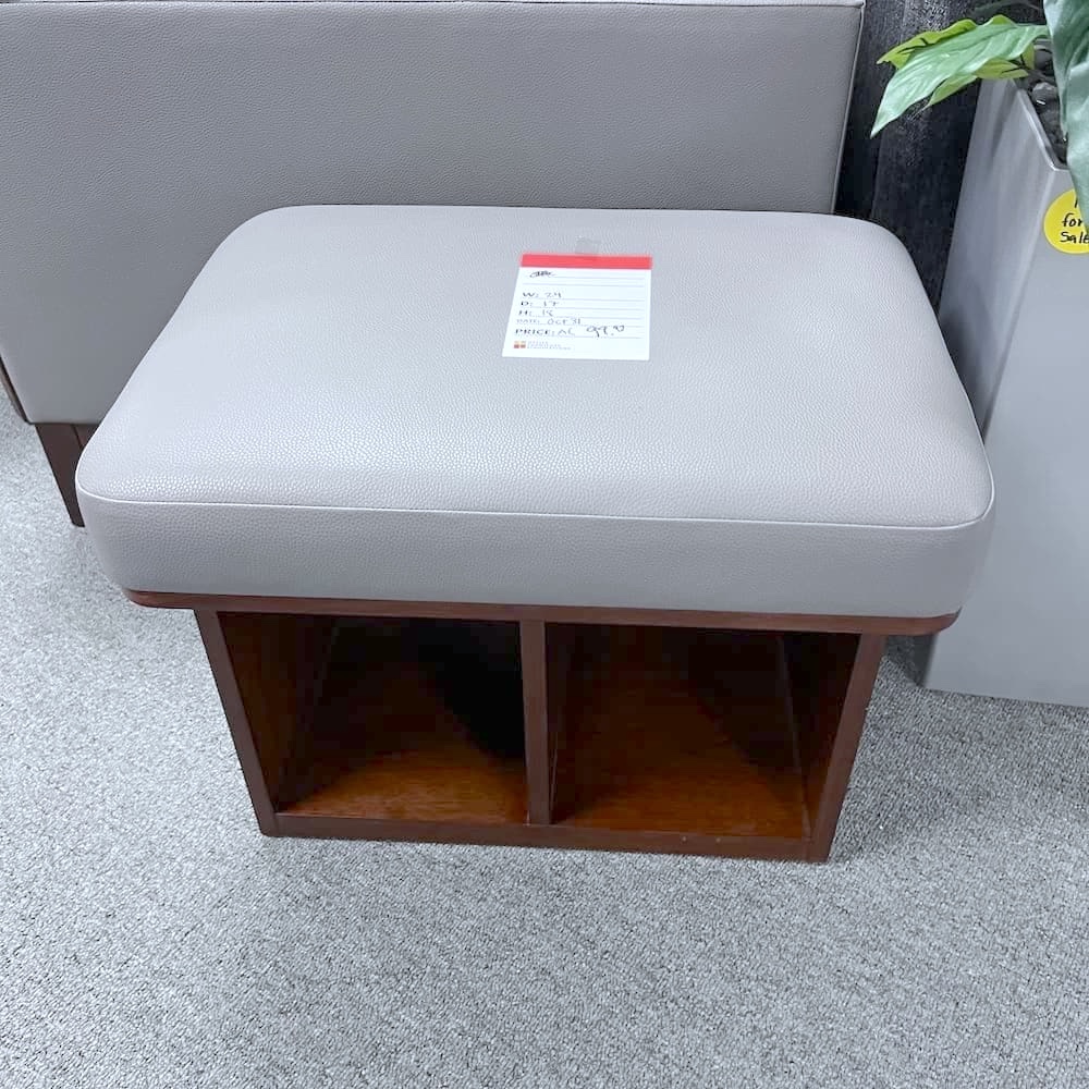 walnut veneer base ottoman seat with grey vinyl top, shoe seat, closet home furniture