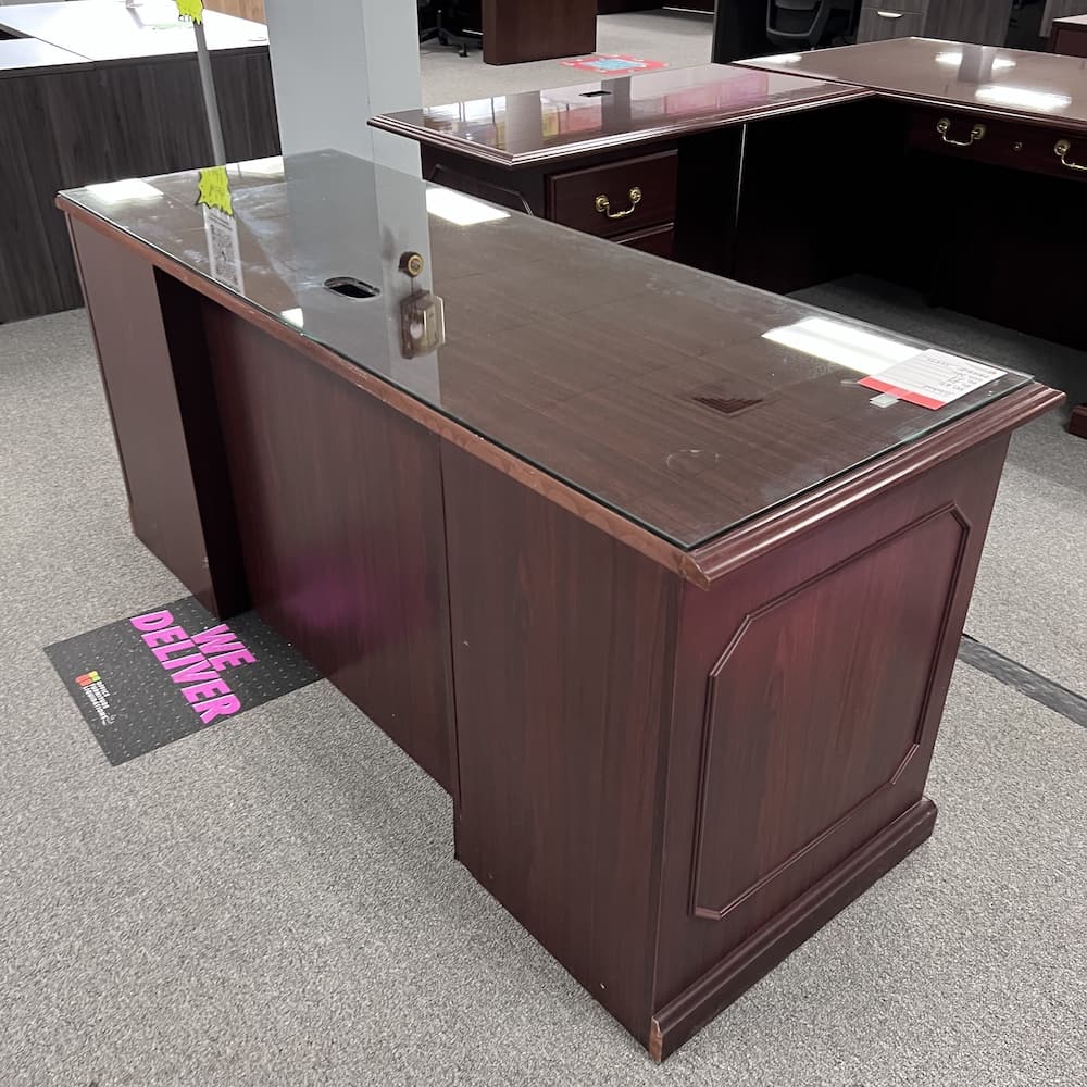 global mahogany traditional credenza desk with glass top and gold pulls, used office furniture