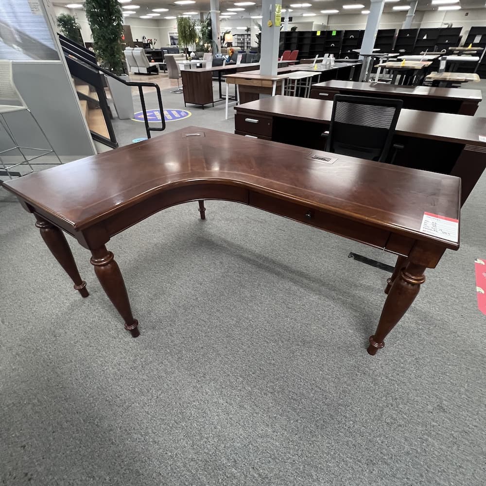 mahogany l-desk left return, traditional, haverty's, used office furniture