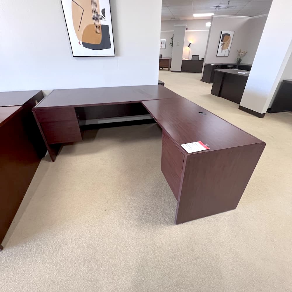 mahogany laminate l-desk right return used global 2 hanging box files