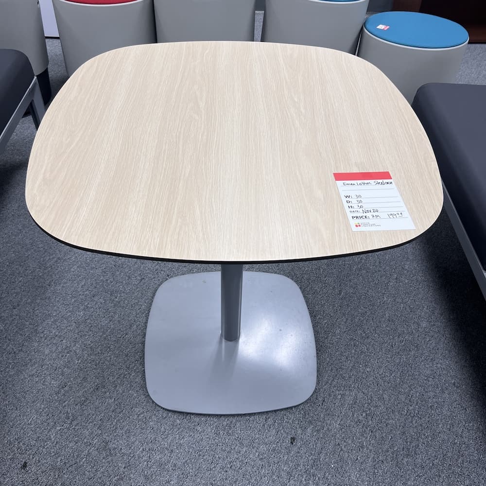 maple laminate top with grey metal base, steelcase Enea lotus cafe table, used office furniture, restaurant, break room