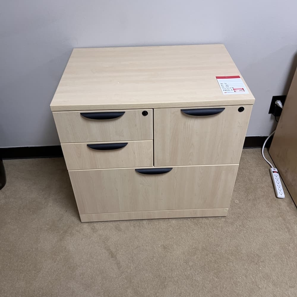 maple laminate comb file with black pulls, multi storage options, used office furniture