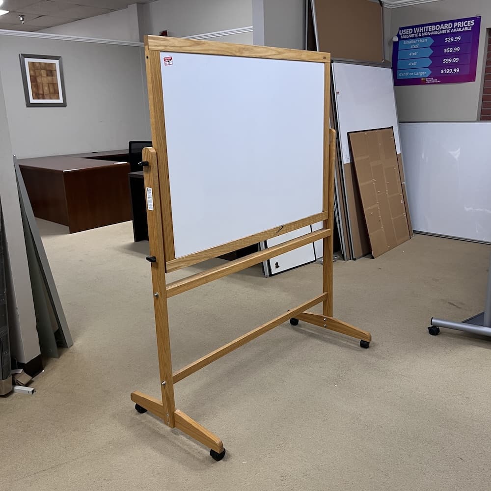 oak frame and base rolling dry erase board, classroom white board, used office furniture, marsh industries