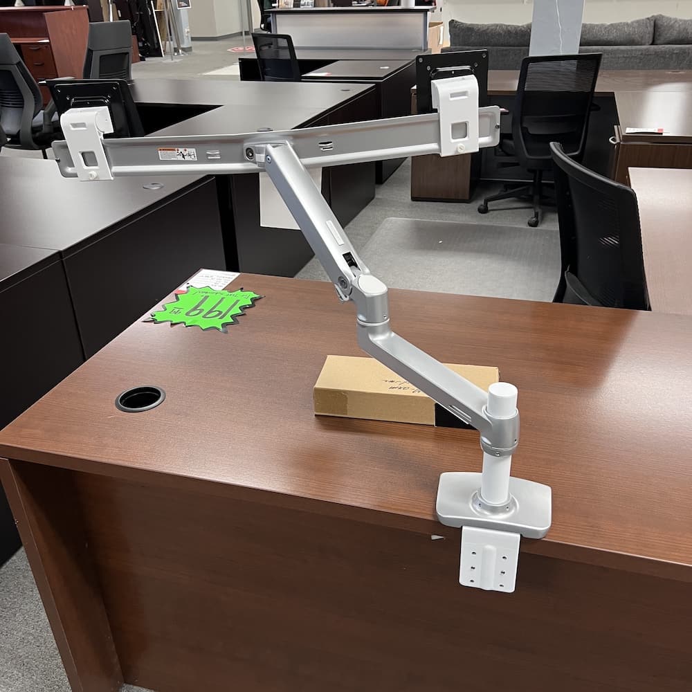 ergotron, XL desk dual direct monitor arm, silver, used office furniture, accessories, desk top mount