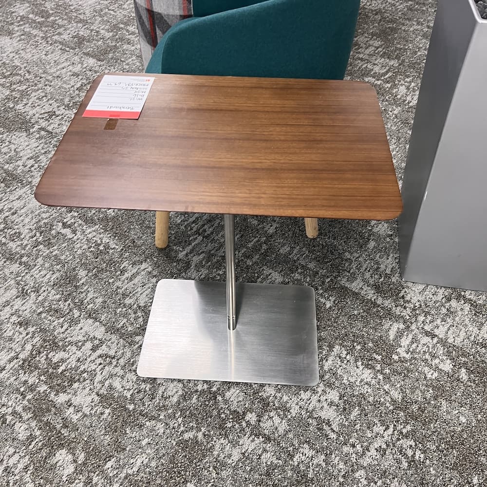 walnut and brushed metal commercial side table, Bernard, used office furniture