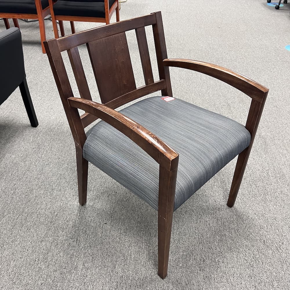 walnut veneer arms and base, glue grey upholstered, guest chair, used office furniture, hon brand