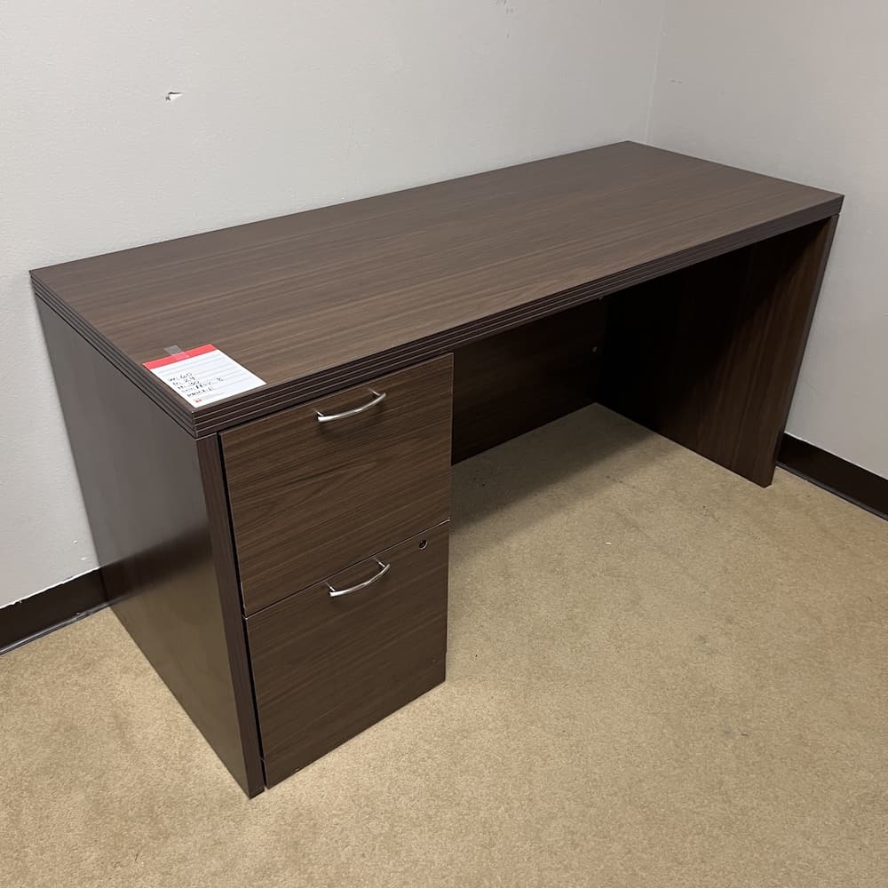walnut laminate desk with file file and silver pulls, used office furniture, hon brand