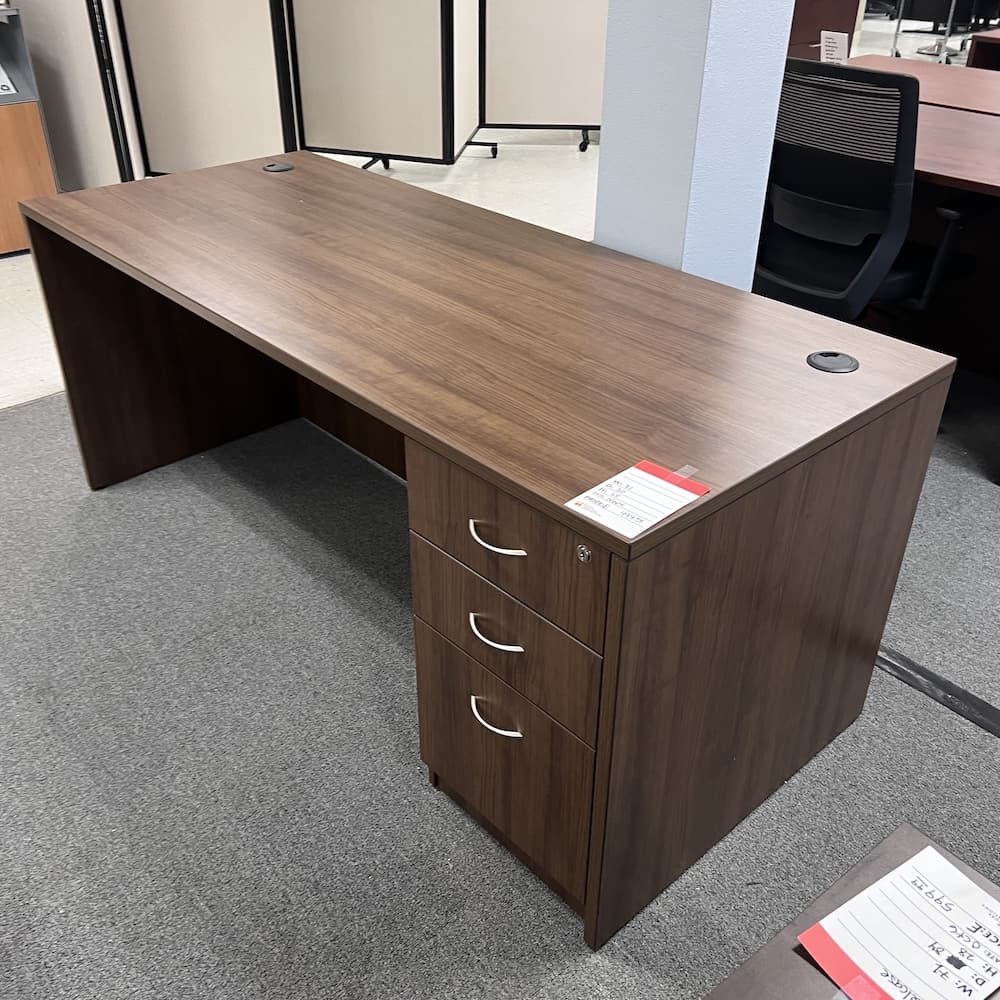71" x 30" walnut laminate desk with BBF, silver pulls, used office furniture