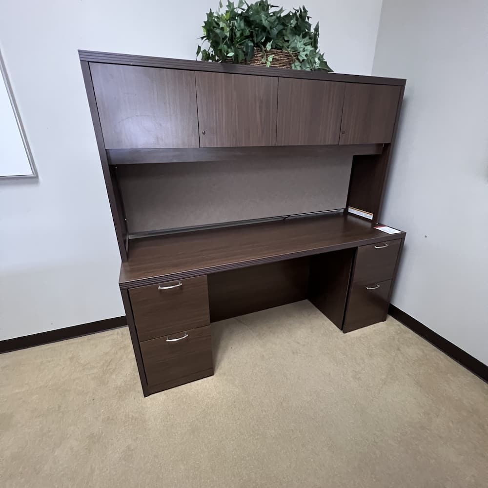 walnut laminate credenza desk with file file, hutch, and silver pulls, used office furniture, hon brand