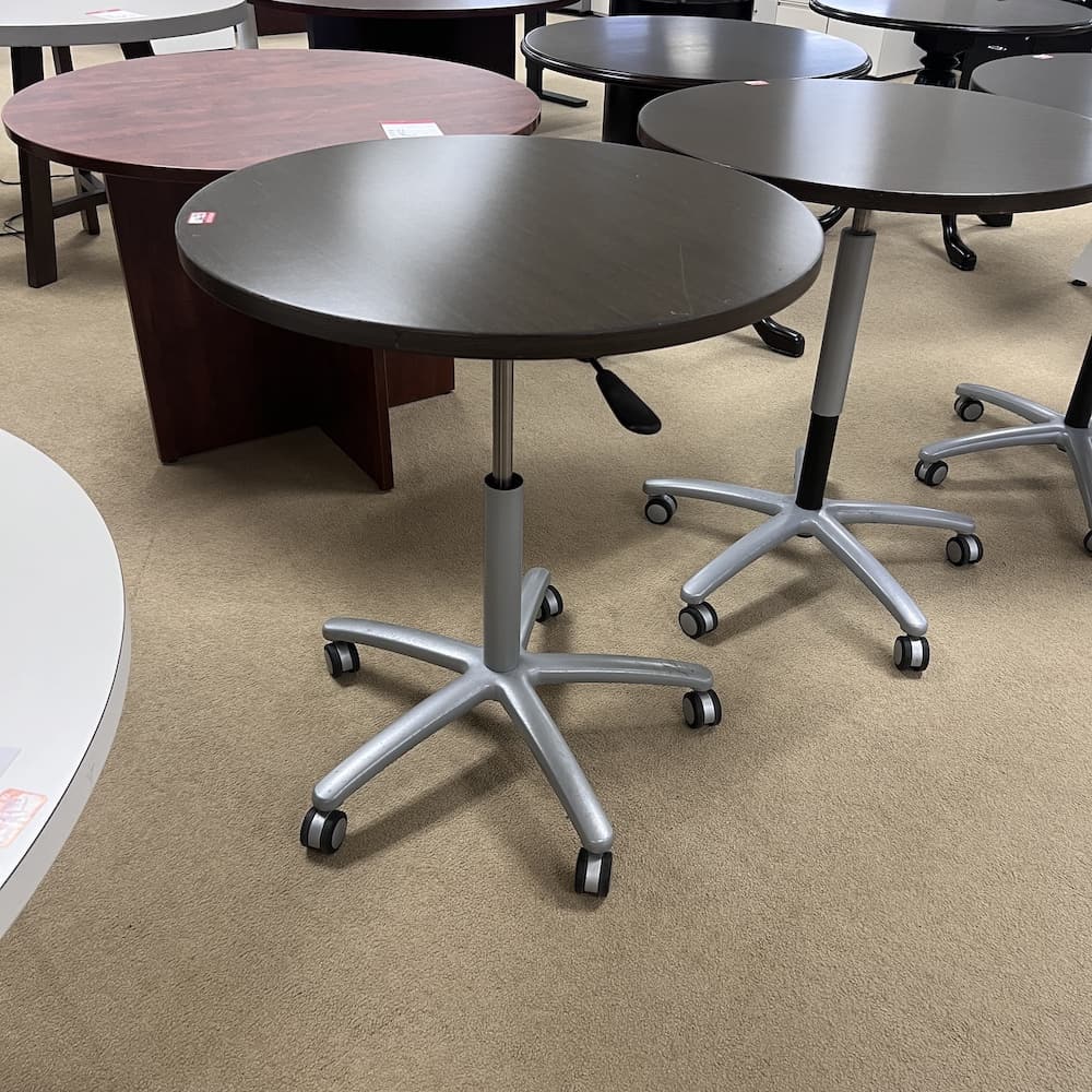 walnut veneer round training table height adjustable with grey base, used office furniture, restaurant, dining