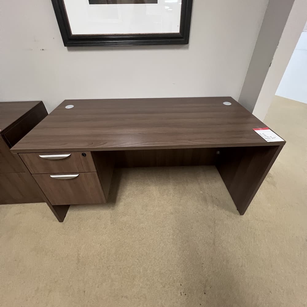walnut laminate desk with silver pulls, hanging box/file, used office furniture