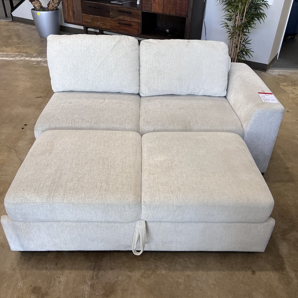 white pop up bed sofa loveseat, open box, scratch n dent, used home goods, home furniture, upholstered. sleeper.