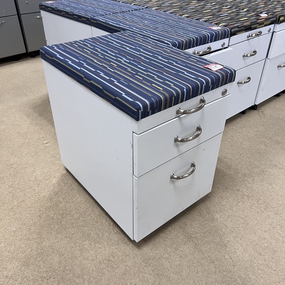 white metal box file rolling pedestal vertical cabinet, used office furniture, blue multi color cushion top