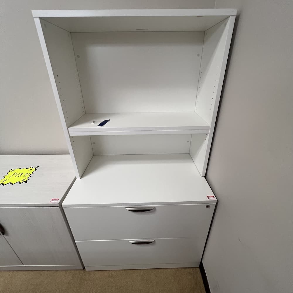 white laminate 2 drawer lateral file, bookcase hutch, used office furniture