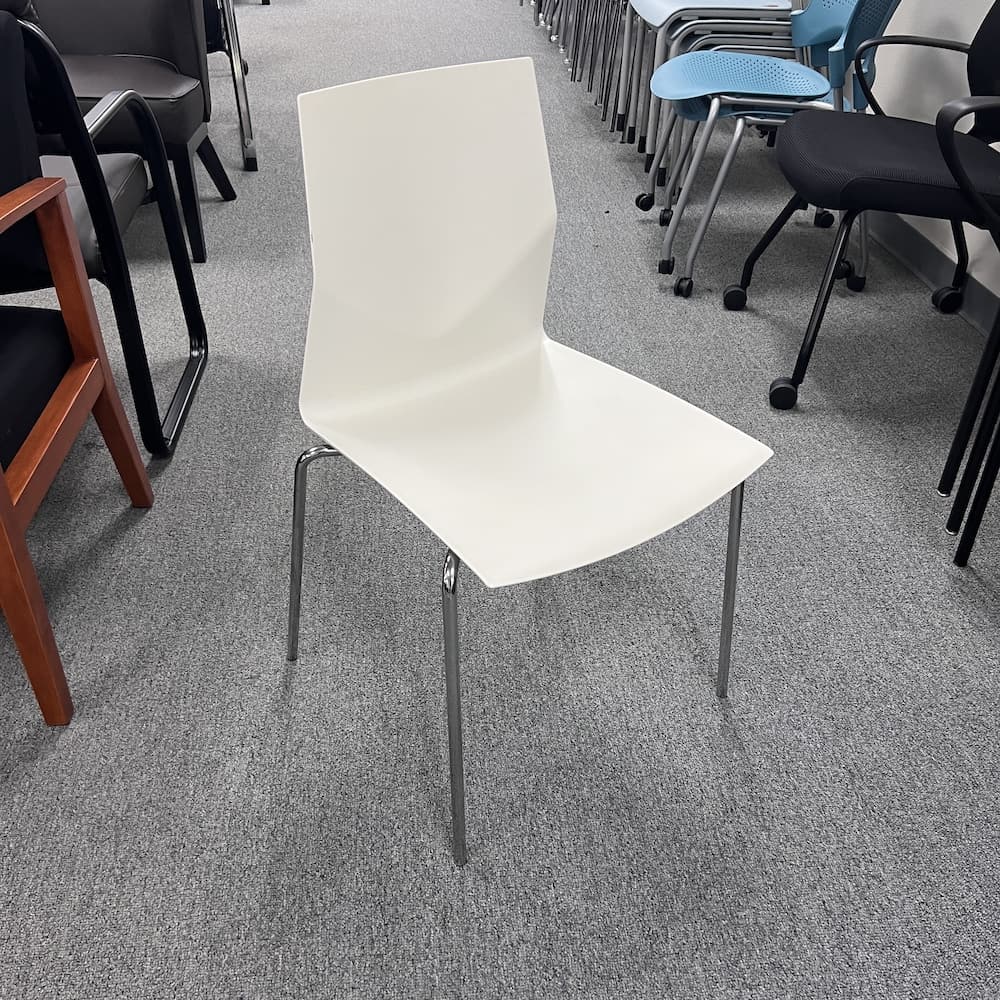 white plastic and metal chrome stacking chair, used office furniture, seating