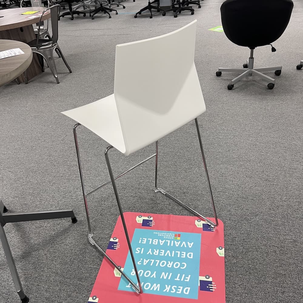 white plastic and metal chrome stacking bar height stools, used office furniture, seating
