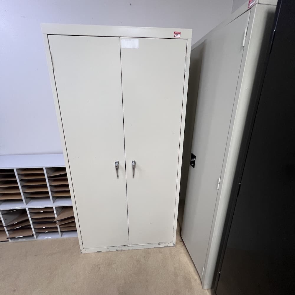 beige metal 2 door storage cabinet, used storage cabinet, used office furniture, garage storage