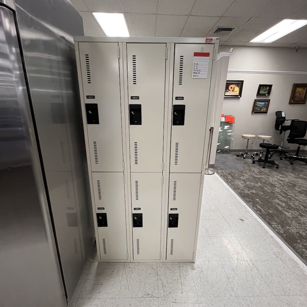 beige metal locker, 3 wide and 2 tall, used office furniture