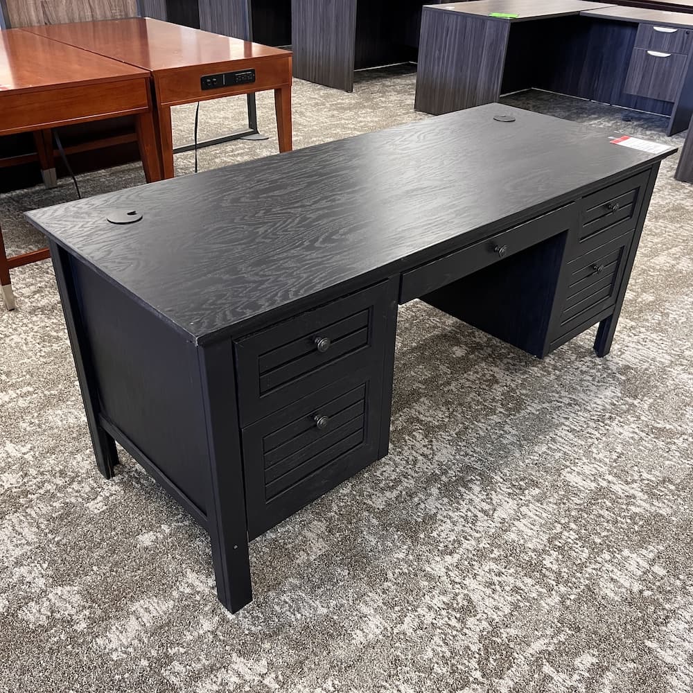 black veneer wood executive desk with box file and cabinet, pencil drawer in the center, used office furniture