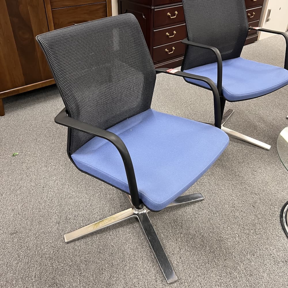 blue and black mesh back swivel chairs, orange box, used office furniture