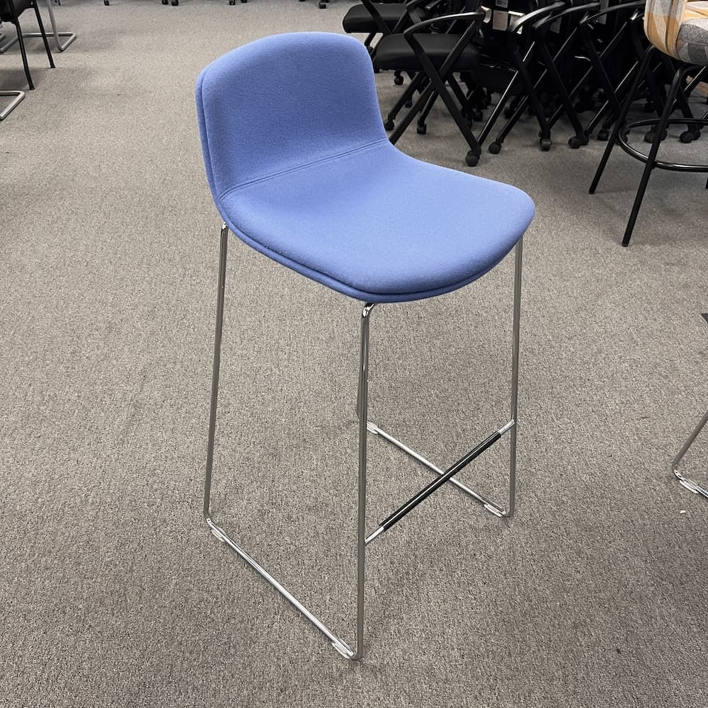 blue upholstered and chrome bar height stool, orange box, used office furniture, steelcase