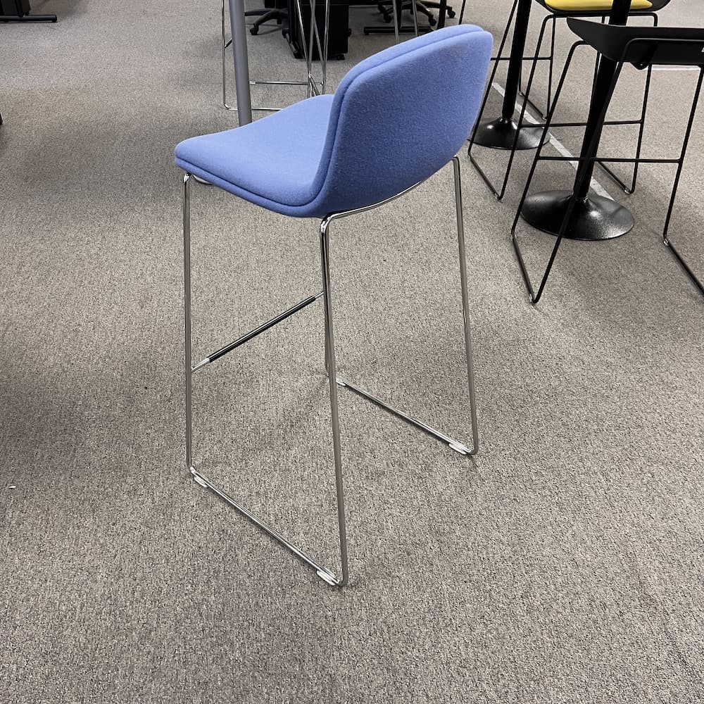 blue upholstered and chrome bar height stool, orange box, used office furniture, steelcase