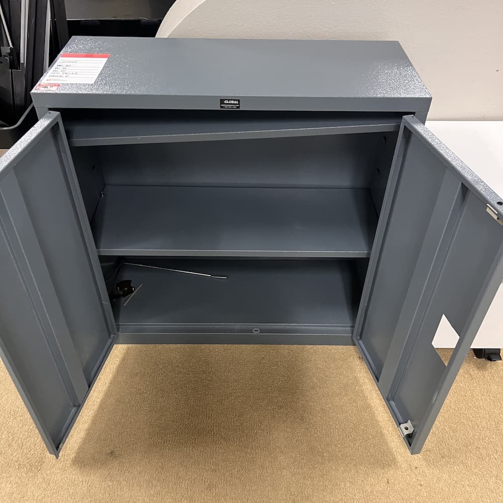 global brand, blue grey metal 2 door storage cabinet, open box, shelving, used office