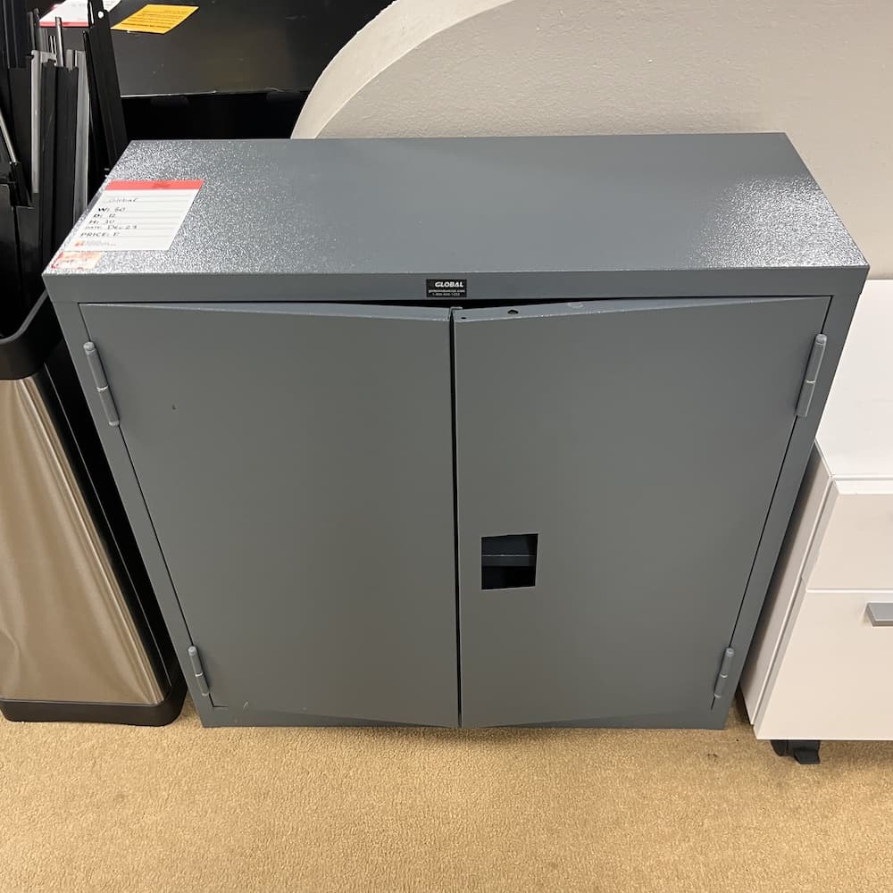 global brand, blue grey metal 2 door storage cabinet, open box, shelving, used office