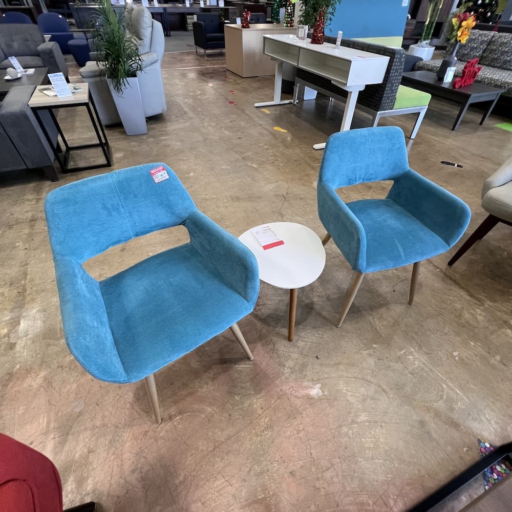 blue upholstered lounge chairs, set of 2, mcm style, used furniture, office reception