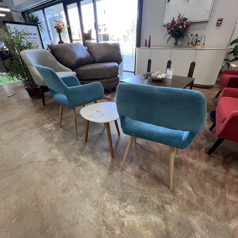 blue upholstered lounge chairs, set of 2, mcm style, used furniture, office reception