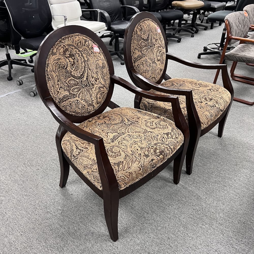 brown paisley upholstered dining chairs with round back, veneer wood, used furniture