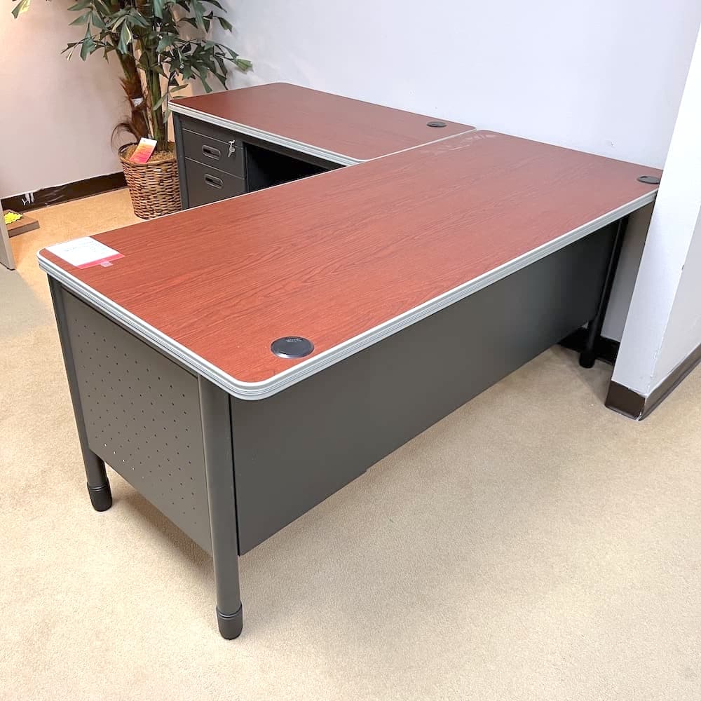 cherry laminate and dark grey metal l-desk, left return, double hanging box files, used office furniture