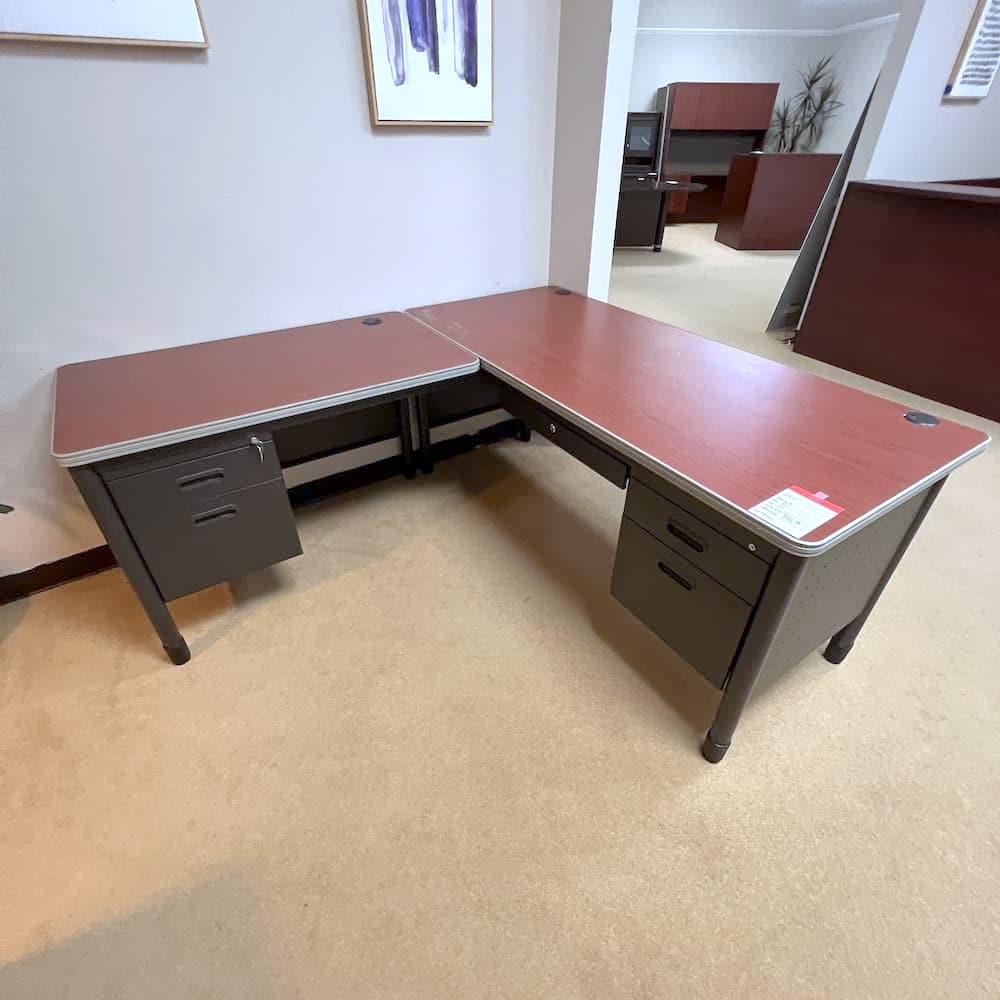 cherry laminate and dark grey metal l-desk, left return, double hanging box files, used office furniture