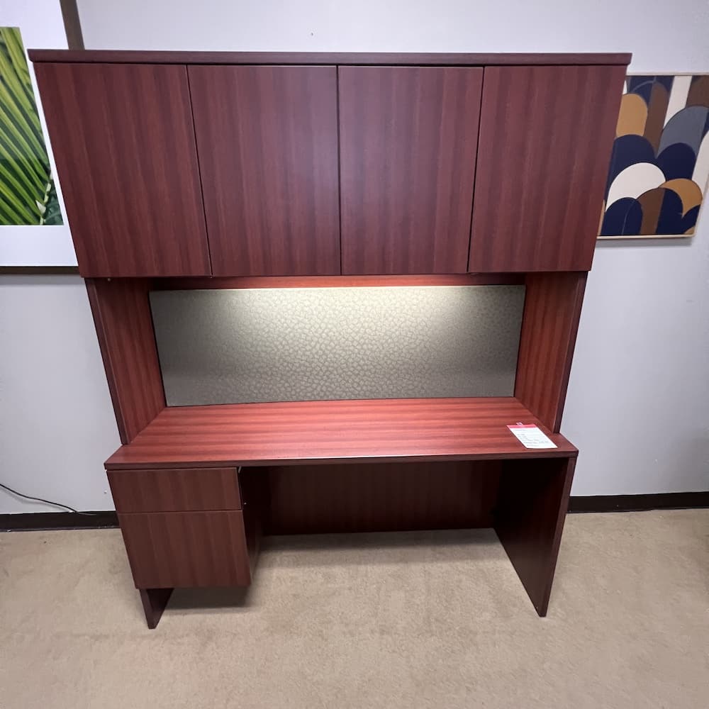 cherry credenza desk with hutch, lacasse brand, used office furniture, laminate with green pinboard