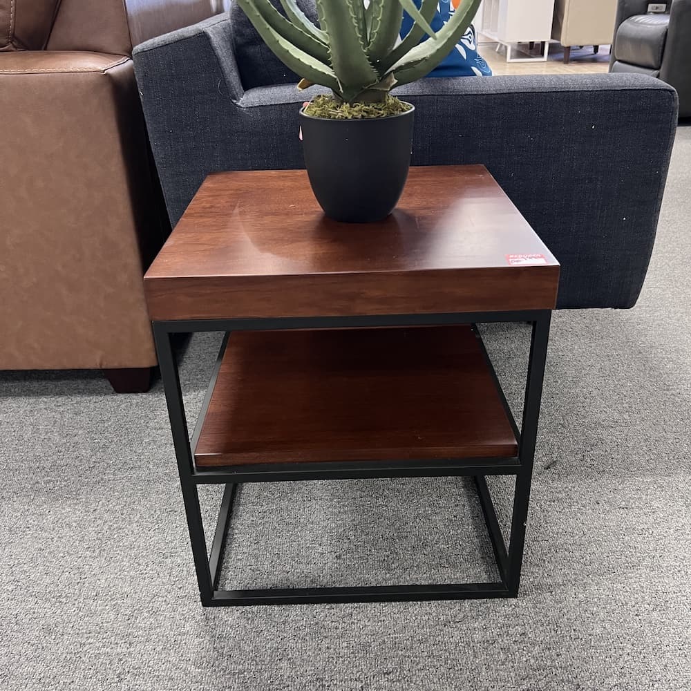 cherry veneer side table square with black metal legs used office furniture reception waiting room used, Eric brand commercial