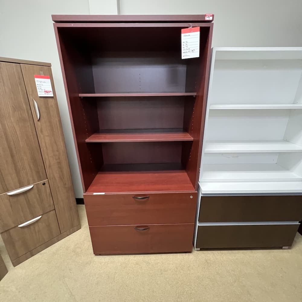 cherry laminate 2 drawer lateral file with hutch, teknion brand, used office furniture, storage