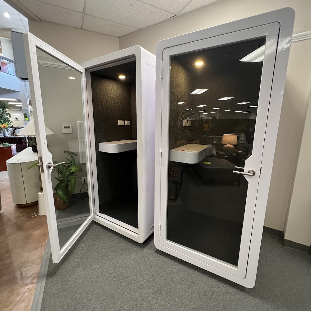eBooth white metal sound dampening office pod, phone booth, privacy, quiet work pods, used office furniture