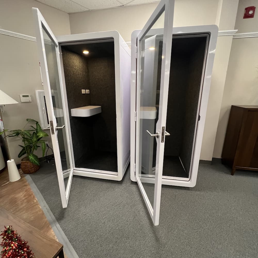 eBooth white metal sound dampening office pod, phone booth, privacy, quiet work pods, used office furniture