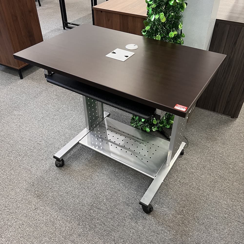 espresso laminate desk with silver metal base, rolling, keyboard pull-out tray, office furniture