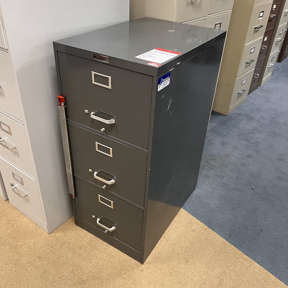 grey metal 3 drawer vertical file, used, legal side, used office furniture, storage