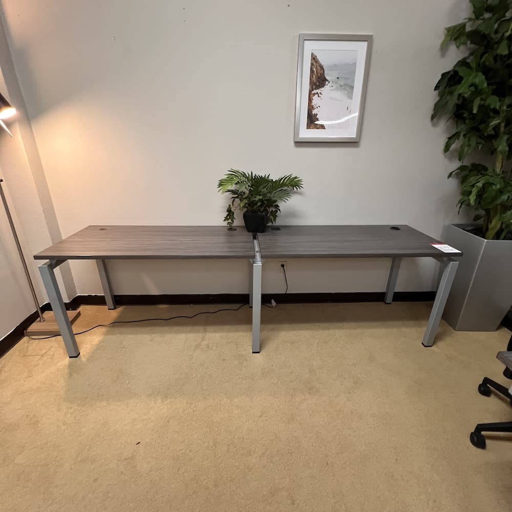 benching system, grey laminate, grey metal legs, 2 desks side by side each other, used office furniture
