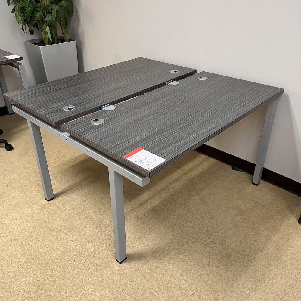 benching system, grey laminate, grey metal legs, 2 desks facing each other, used office furniture