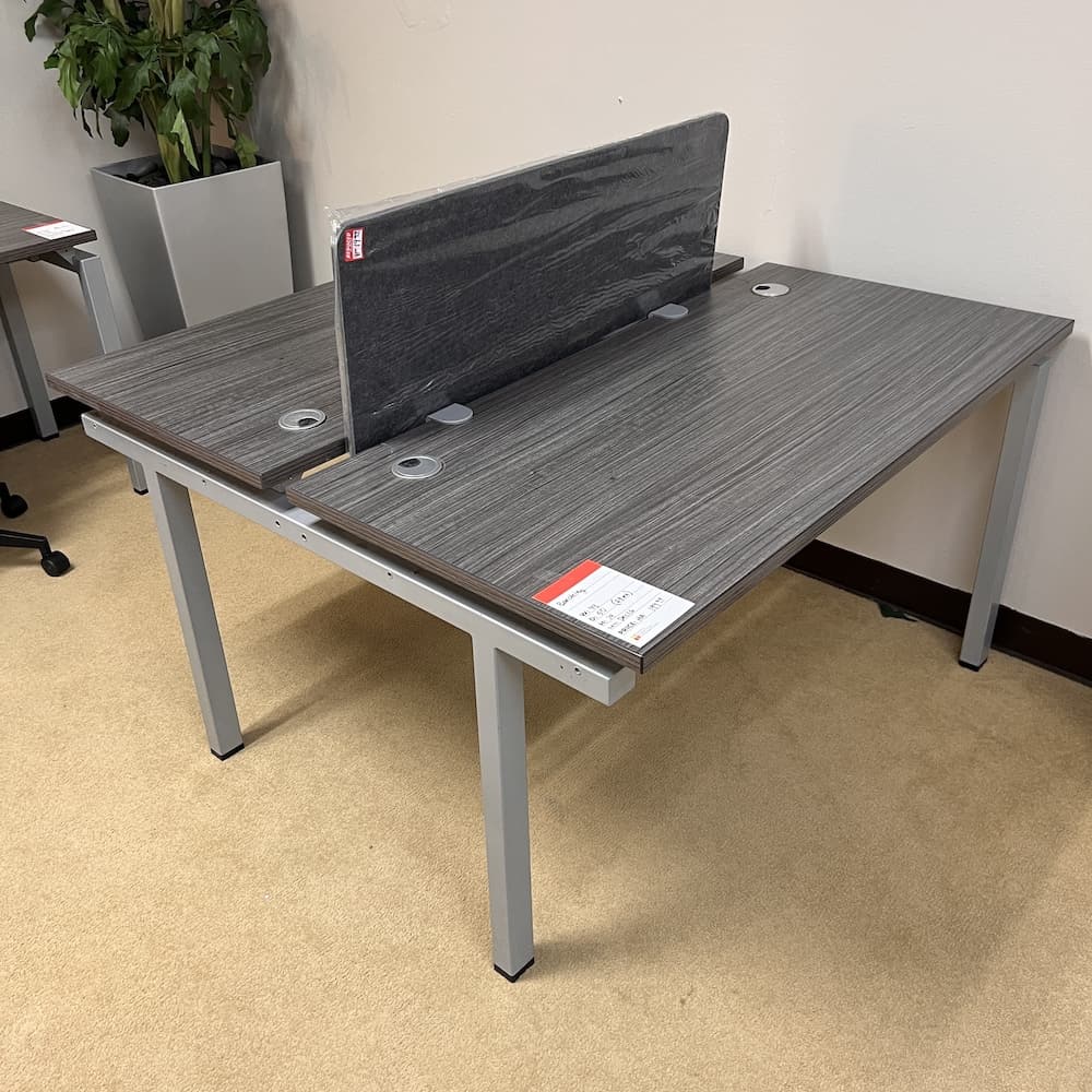 benching system, grey laminate, grey metal legs, 2 desks facing each other, used office furniture