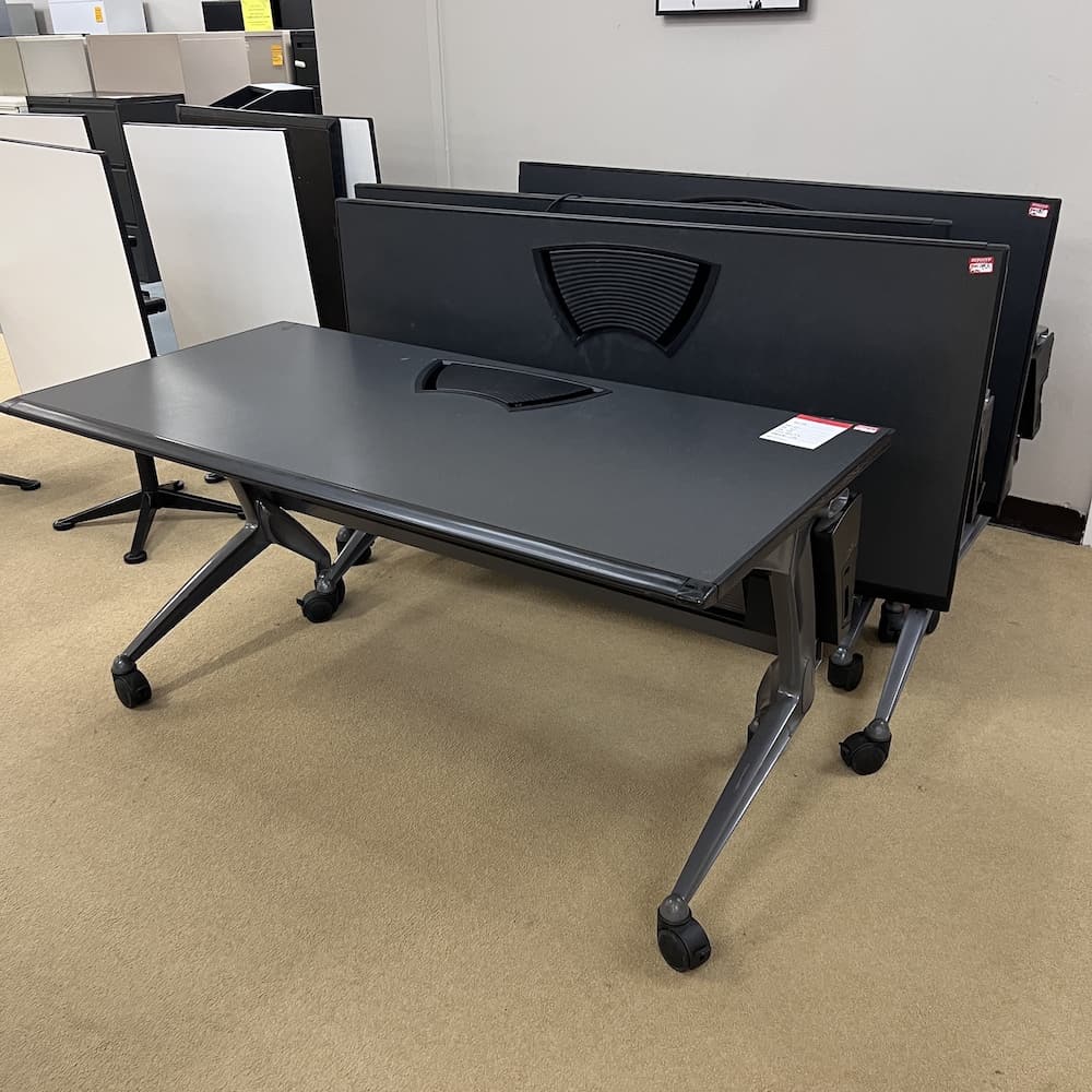 dark grey laminate with black accents rolling nesting training table versa used office furniture