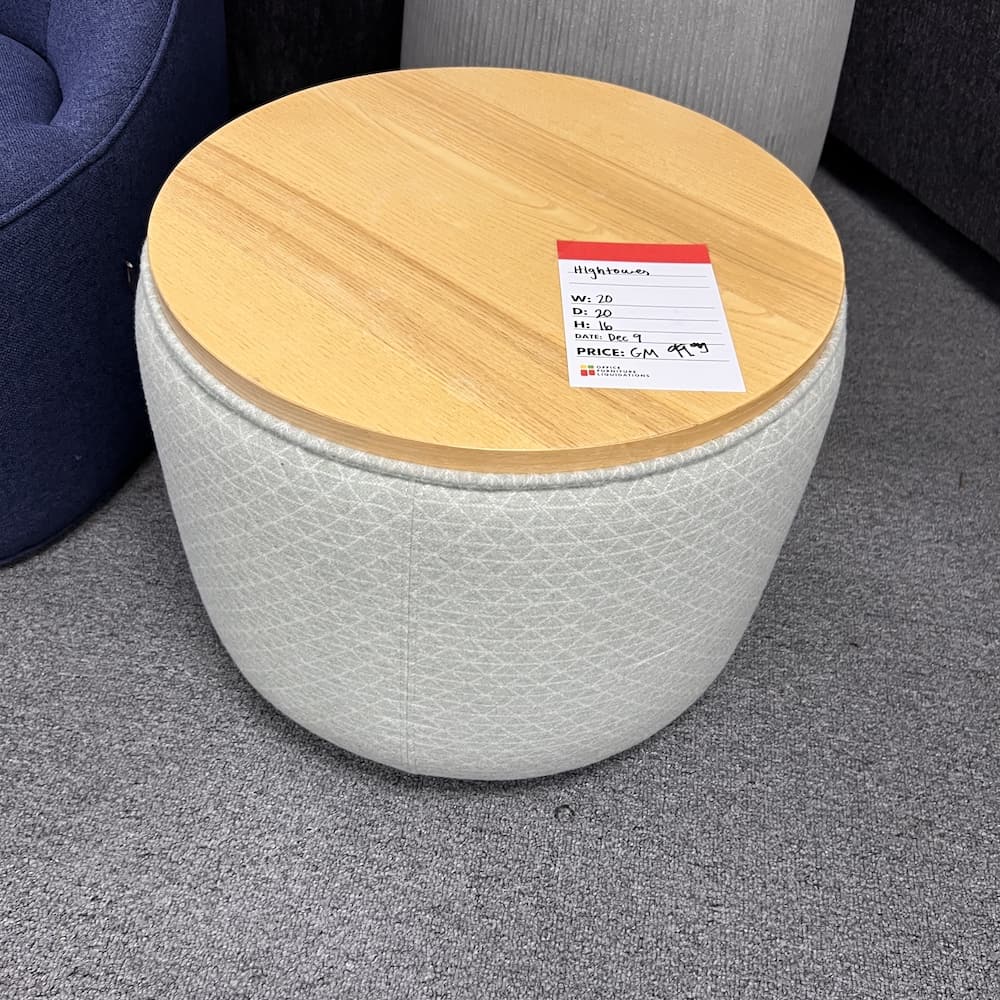 Hightower ottoman bench side table, maple natural top, upholstered sides grey, used office furniture
