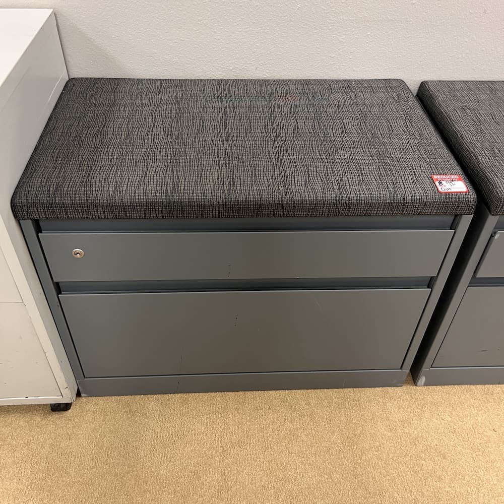 grey metal box/file lateral, steelcase with grey upholstered cushion top, used office furntiure