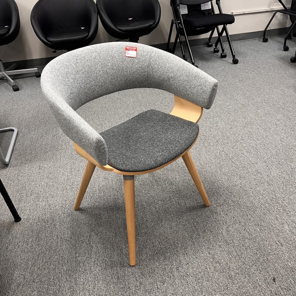 grey upholstery and natural wood guest chair, mollie allemuir, used furniture, lobby seating