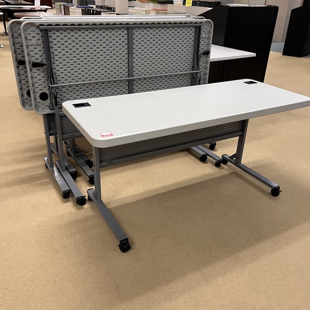 light grey blow mold plastic top training table, rolling, flip, nest, used office furniture, line economy